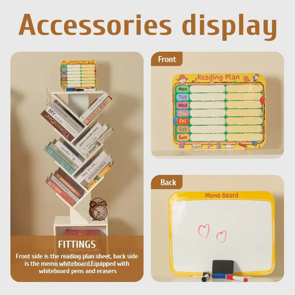 رف كتب على شكل شجرة من 7 طبقات، خزانة كتب صغيرة مع مخطط للقراءة ولوحة أنشطة، زاوية قائمة على الأرض حديثة، تخزين ضيق طويل القامة