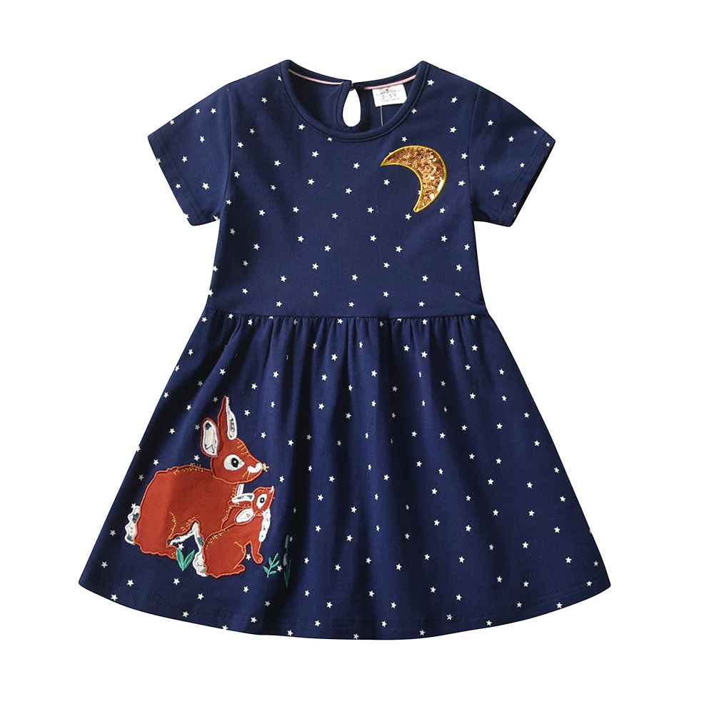 DXTON Short Sleeve Kids Dresses For Girls Squirrel Printed Toddlers Cotton Dress Moon Sequin Dot Casual Children Summer Dresses