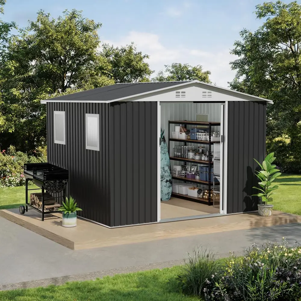 Outdoor 10x8ft Metal Storage Shed with Sliding Door & 4 Windows, Customized