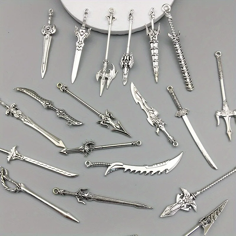 Random 10/20pcs Retro Mini Weapon Pendant Silver Sword Spear Pendant DIY Handmade Bracelet Necklace Keychain Jewelry Accessories