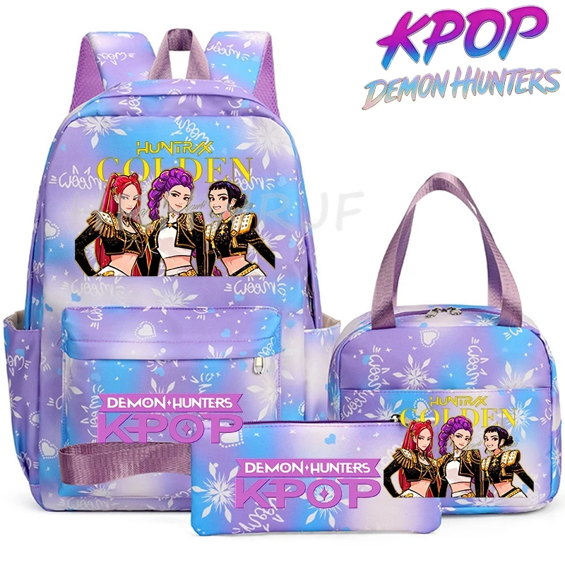 Sac à dos KPop Demon Hunters, ensemble de 3 pièces, sac d'école, sac à déjeuner, trousse à crayons, cadeau de rentrée scolaire pour fille, Mochila de loisirs, sacs de voyage pour adolescents