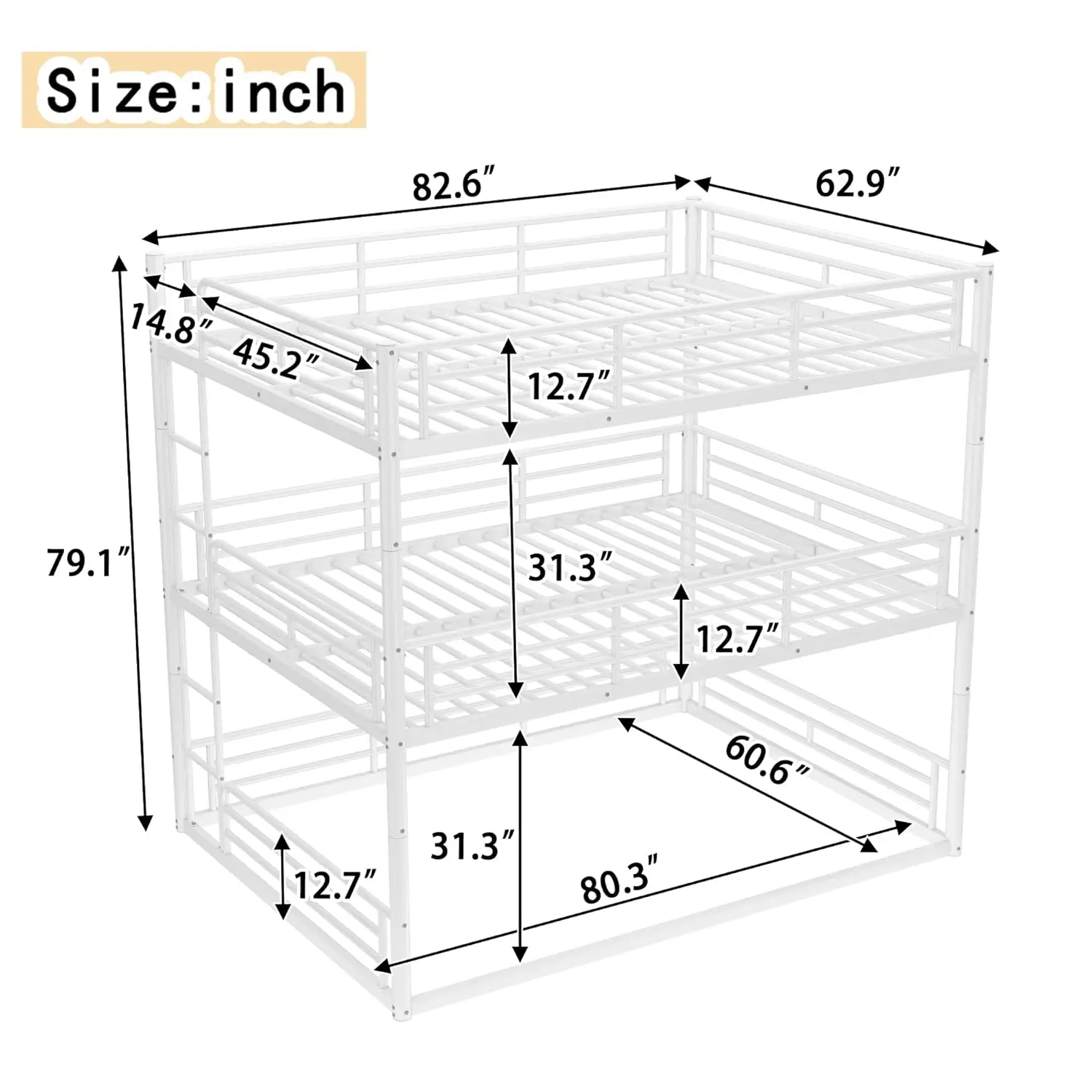 Modern Queen Size Triple Bunk Bed, Metal Heavy-Duty Bunk Bed Frame with Safety Guardrails and Ladder, Noise-Reduced, Customized