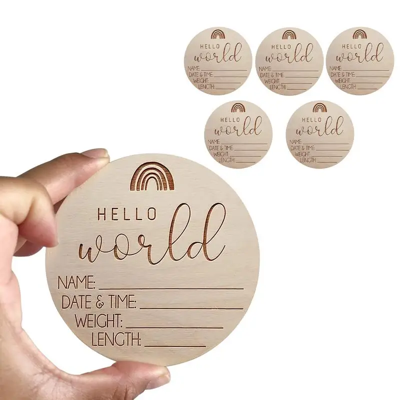 5pcs Wooden Baby Milestone Card Newborn Recording Cards Baby Birth Commemorative Cards Hello Worlds Sign Photography Props