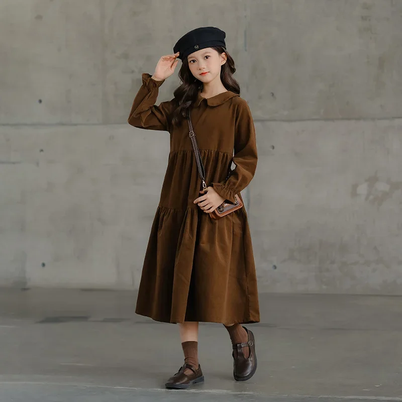 2024 New Corduroy Dress Teen Girl Autumn Winter Clothes Midi Flare Girl Dresses Children Girls Clothes Vestidos  6 To 16 Years