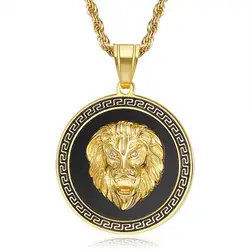 Stainless Steel Gold Plated Circular Champion Necklace For Men Inlaid Zircon Lion Pendant Necklace Gold Plated Jewelry
