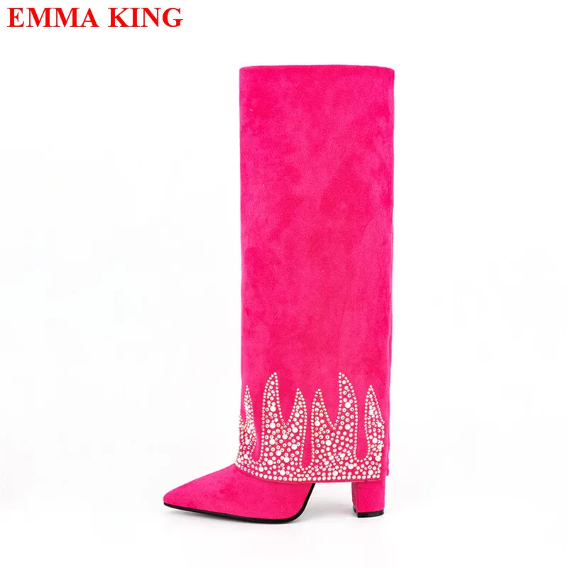 

Pink Blue Thick Heels Rhinestone Knee High Boots For Women Fashion Autumn Winter Chunky High Heel Boots Flock Party Shoes Ladies