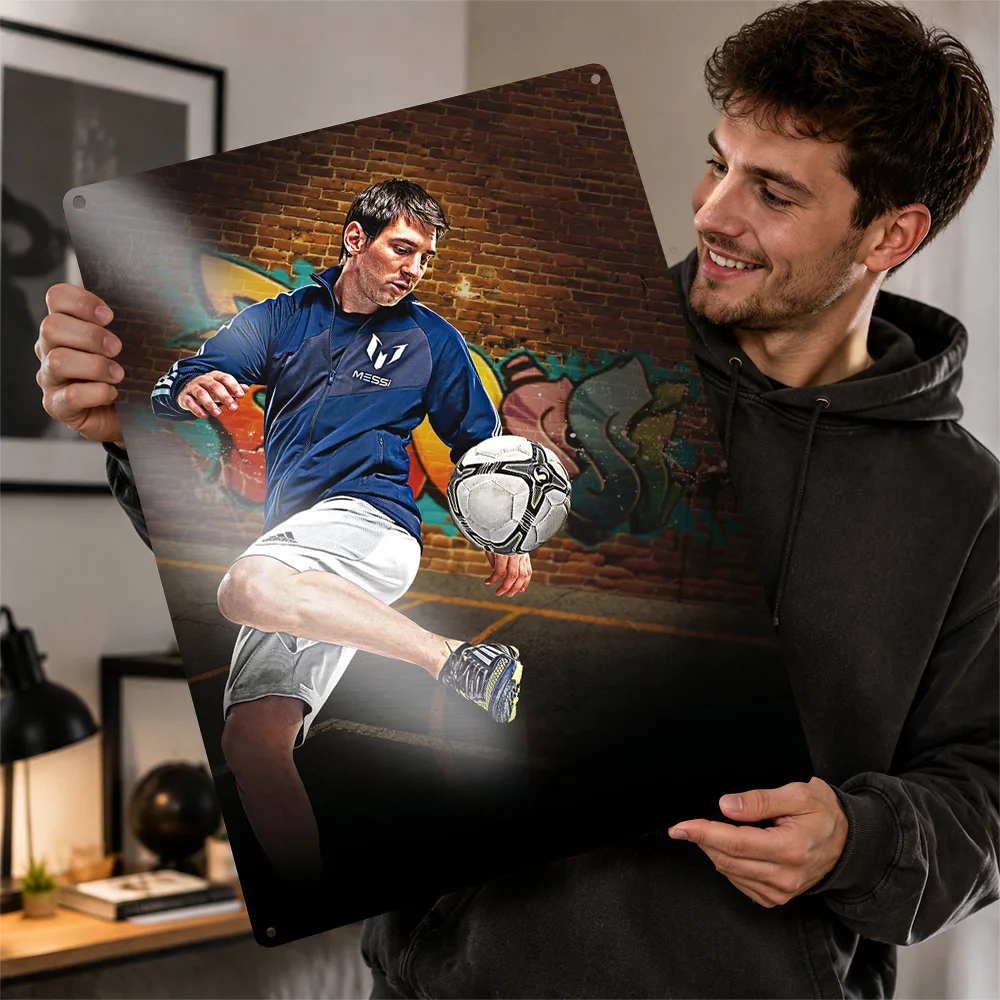 Lionel Messi Street Soccer Poster Retro 3D Printed Metal Signs Customized Wall Hanging Gift for Bedroom Stuff Room Ornaments