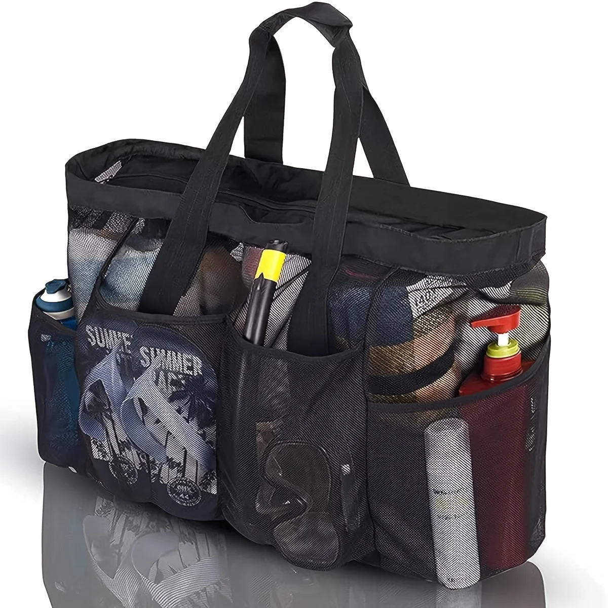 

1 шт. очень большая сетчатая пляжная сумка, дышащая сетчатая сумка с застежкой-молнией и боковыми карманами, портативная сумка-органайзер большой вместительности