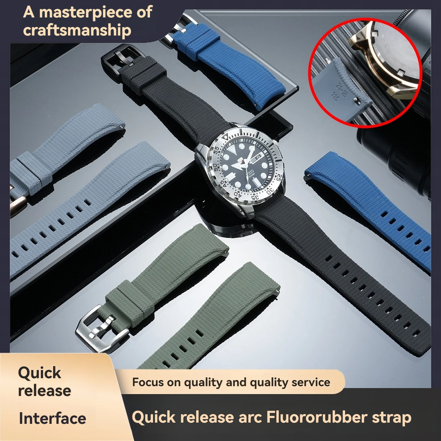 Quick-Release Fluorocarbon Rubber Straps, 20mm, 21mm, 22mm, Curved Nylon Embossed for Longines, IWC, Tissot, Casio, and Eido