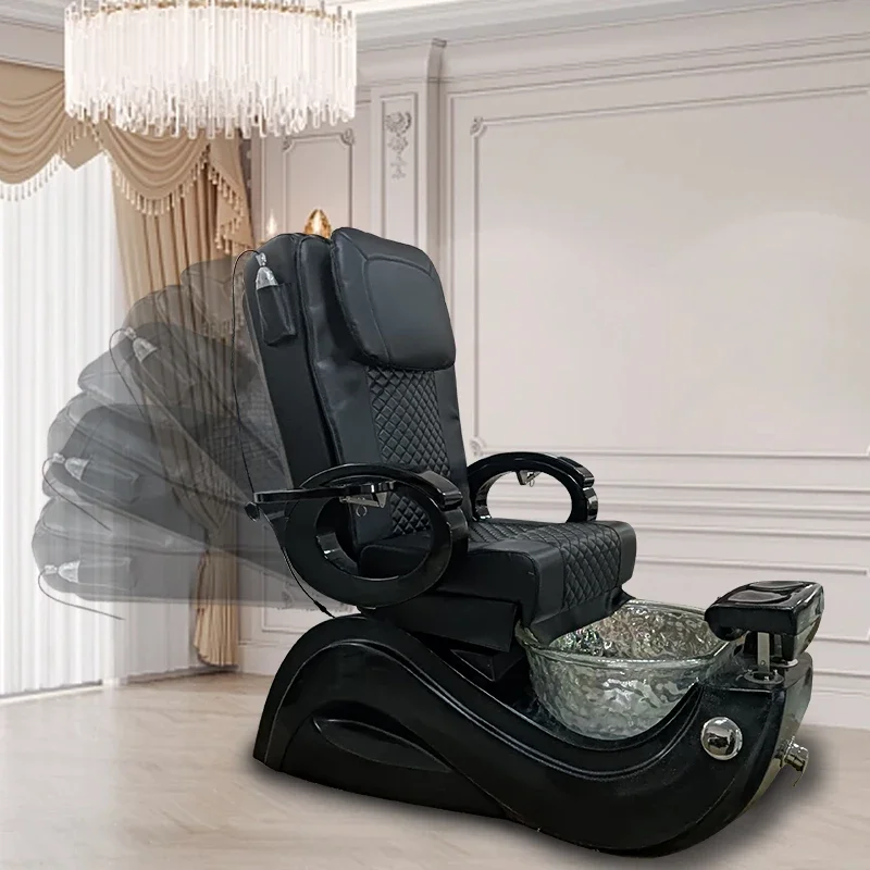 

Modern Beauty Nail Salon Electric Reclining Pipeless Black Pedicure Chairs With Bowl