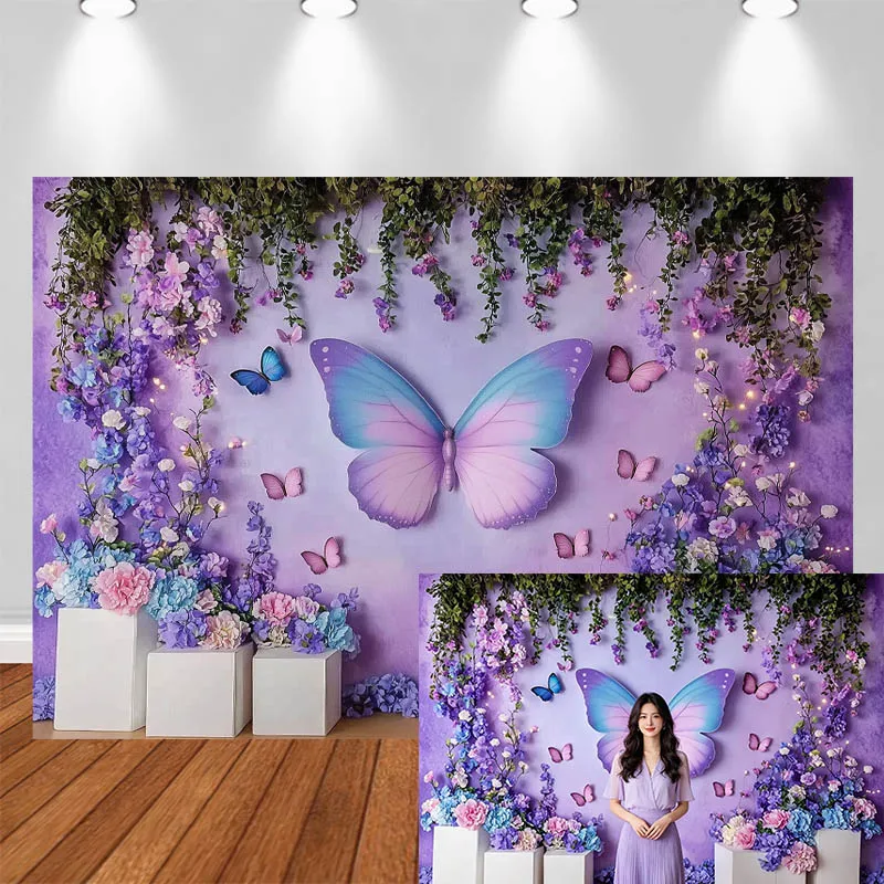 LS Photography Background Large Butterfly Purple Flower Decor Birthday Cake Smash Adult Kids Portrait Photo Backdrop Studio