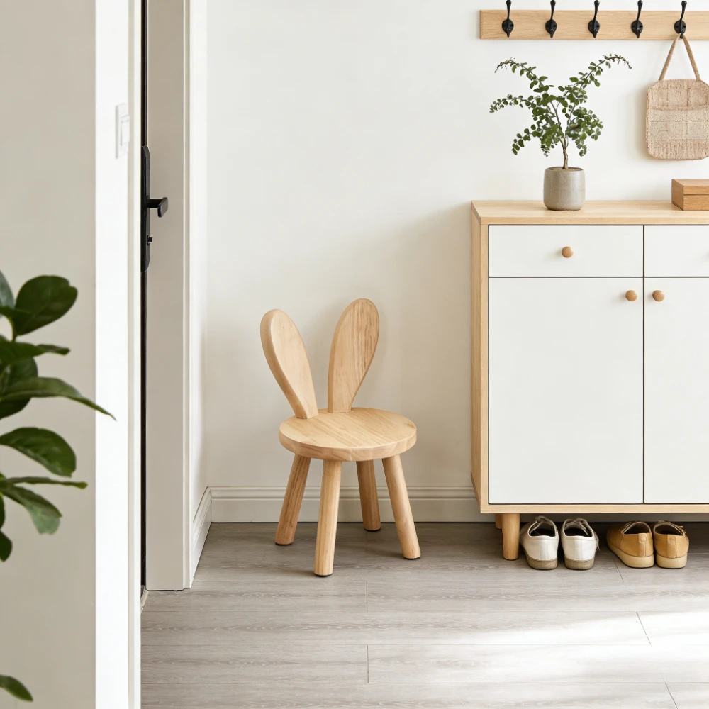 

Cute Wooden Stool with Rabbit Ear Footrest Round Shoe Bench Simple Shoe Changing Stool for Living Room Office Outdoor Camping