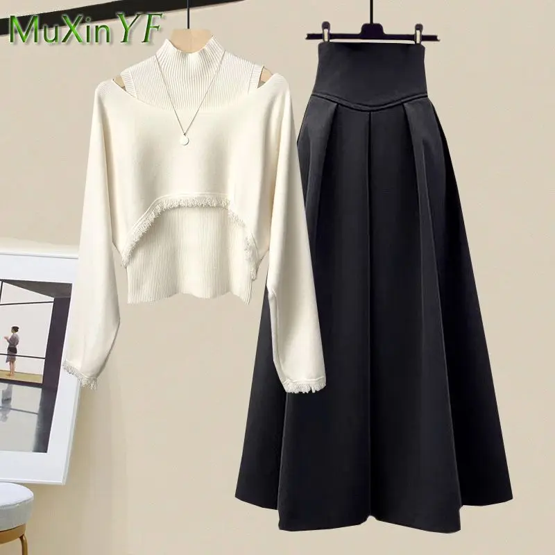 

Women's Autumn Matching Set 2023 New Fashion Knitted Sweater+High Neck Vest+Midi Skirt Three Piece Korean Elegant Dress Suit