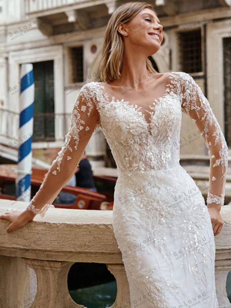 Precioso vestido De Novia con escote Corazón, Vestidos De Novia con apliques De encaje, mangas completas, vaina De sirena, sin espalda, 2023, 2024