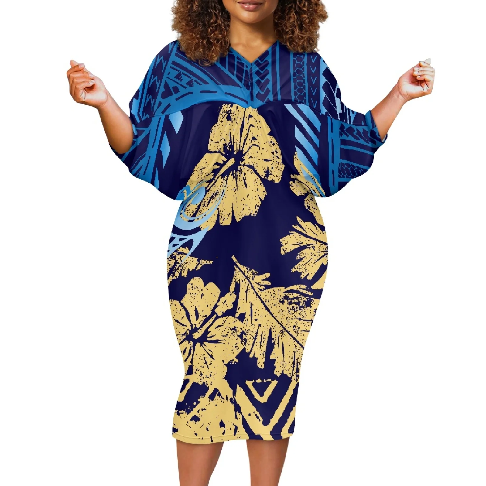 

Polynesian Tribal Tongan Totem Tattoo Tonga Print,Ladies Dolman Sleeve Bag Hip Skirt, Verstile For Daily Wear,Party Evening Gow