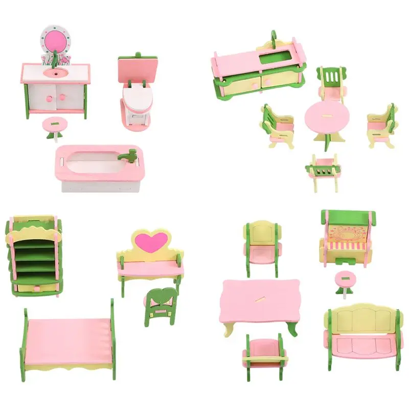 

A63T-4 Set Wooden Dollhouse Miniature Furniture Puzzle Model Children Kids