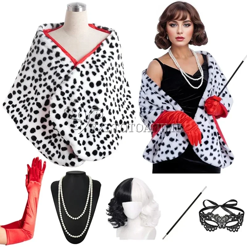 Cruella Deville Cosplay-Kostüm für Damen: Gepunkteter Hund, Leopardenmuster-Schal, 1920er-Jahre-Handschuhe und Halter für Cosplay und Halloween