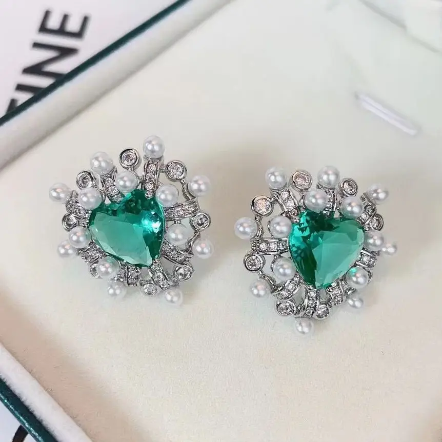 SENYU Fashion Heart Design Pearl Stud Earrings Paved Cubic Zirconia Luxury Lady`s Party Jewelry Sweet Fit Ears Pearl Studs