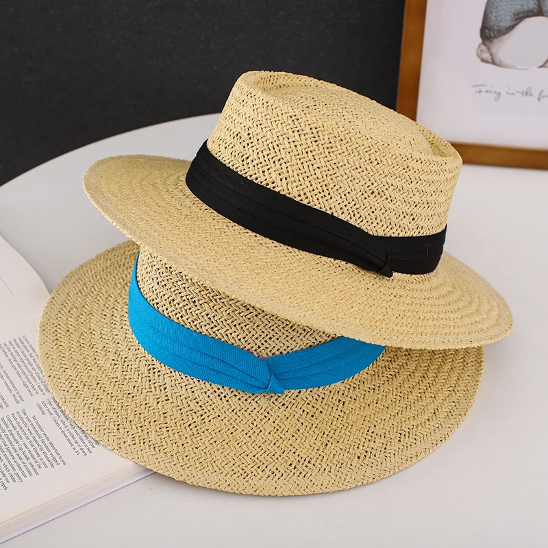 French Panama Straw Hat Ladies Sun Protection Summer Beach Sun Hat Men\'s Holiday British Retro Concave Flat Top Straw Hat Women