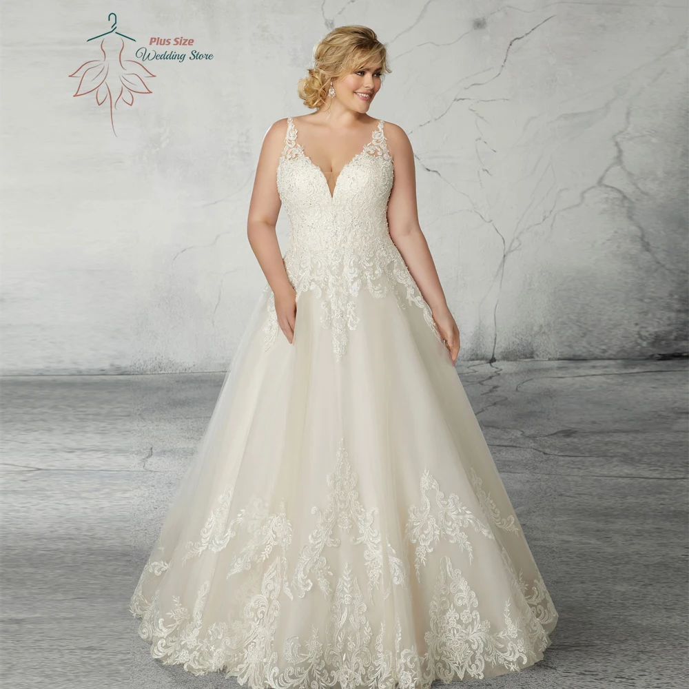 Pastrol V Neck Wedding Dresses Plus Size Sleeveless A-line Bride Gowns Appliques Back Lace-up Sweep Train Vestido De Noiva 2024