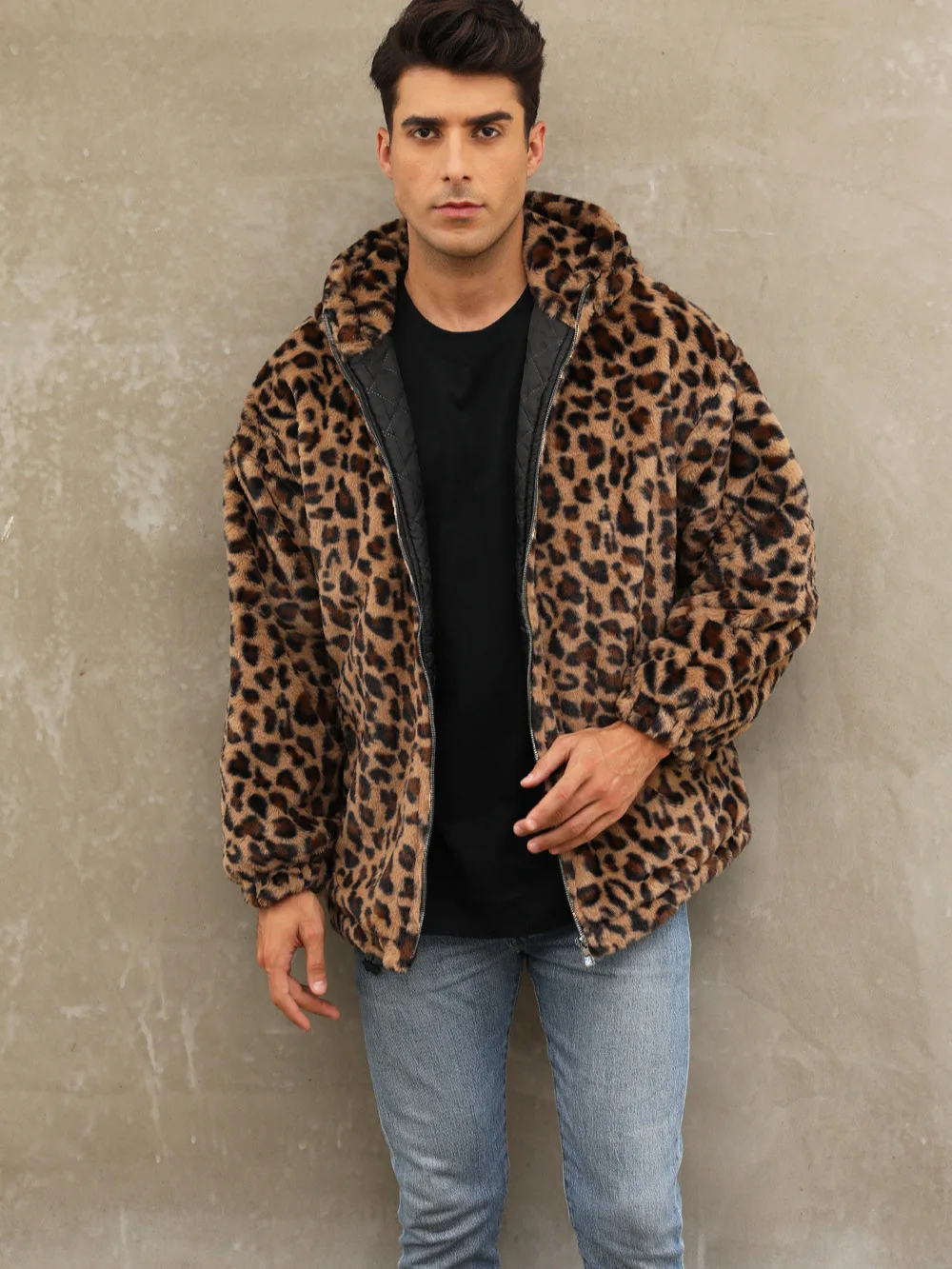 Men's Leopard Print Plush Jacket Autumn Winter Warm Imitation Fur Hooded Zipper Coat