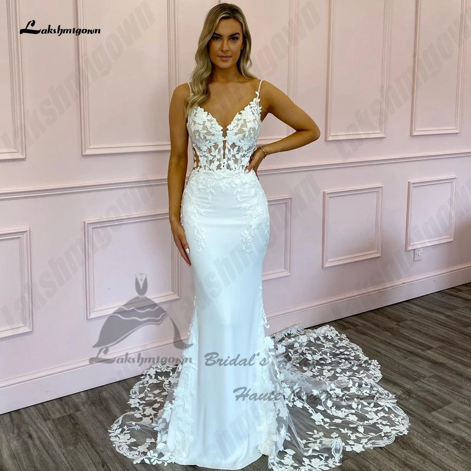 Lakshmigown Luxuriöse Meerjungfrauen-Hochzeitskleider Robe De Mariage 2026 Maßgeschneiderte Spitzen-Brautkleider Rückenfrei mit Spaghettiträgern – Detail 6