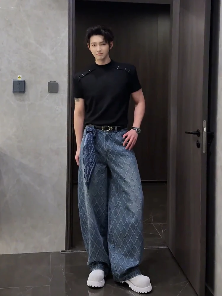 

Unique Design Diamond Pattern Men's Jeans American Trendy Brand Handsome Straight Leg Knife Wide Leg Pants