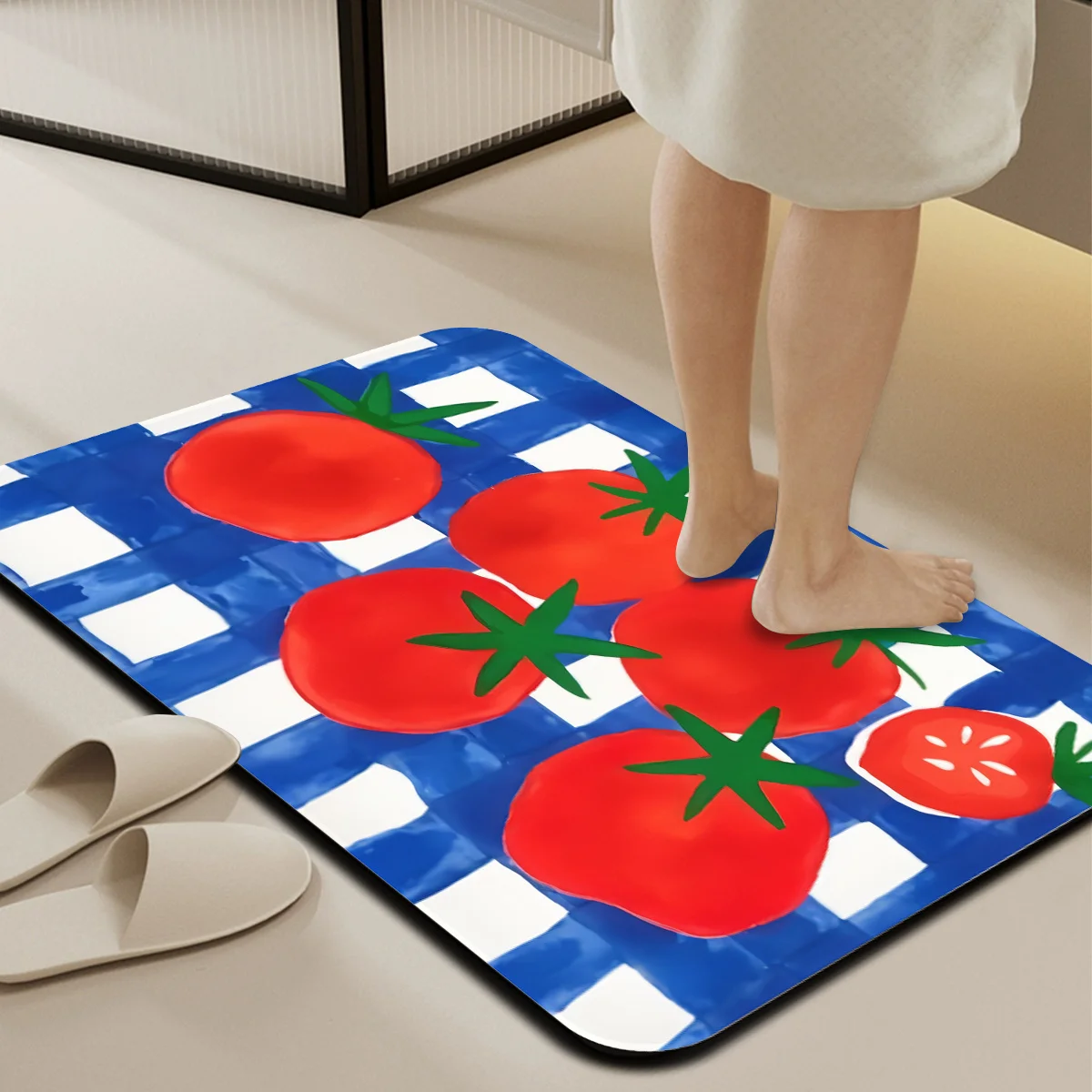 2D Flat Red Tomatoes Blue Checkered Background Flannel Kitchen Mat Non Slip Cute Fruit Rug For Dining Room Floor