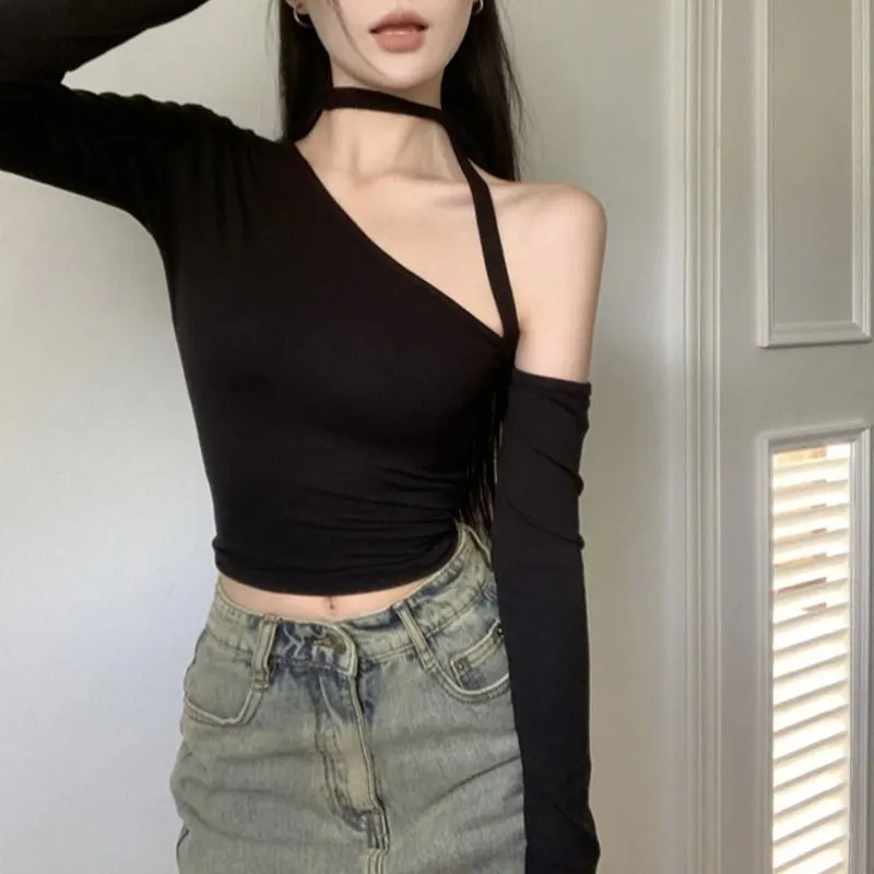 Irregular Skew Collar Slim T-shirts Female Clothing Solid Color Basic Spring Autumn Long Sleeve Stylish Off Shoulder Pullovers