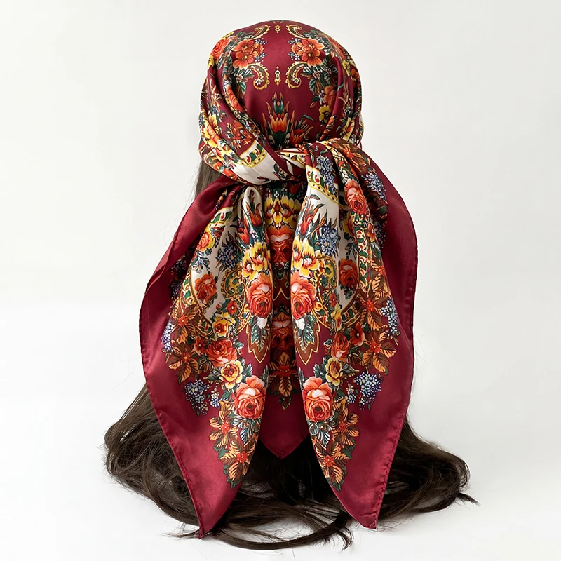 

Vintage Satin Square Scarf Women Summer Hijab Retro Floral Bouquet Print Lightweight Neck Wrap Hair Tie Casual Travel Shawl