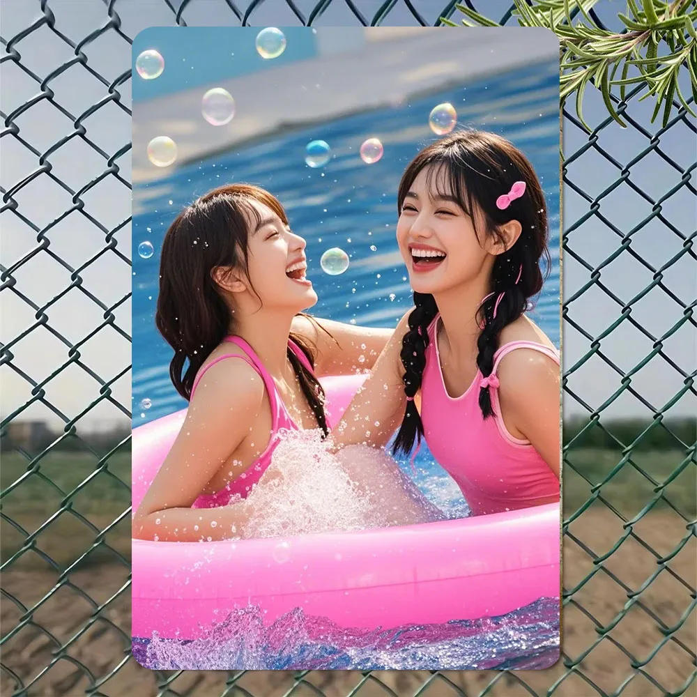 Letrero Metálico Vintage de Chica en la Piscina, Color Rosa, Decoración Retro Minimalista para el Hogar, Arte de Pared