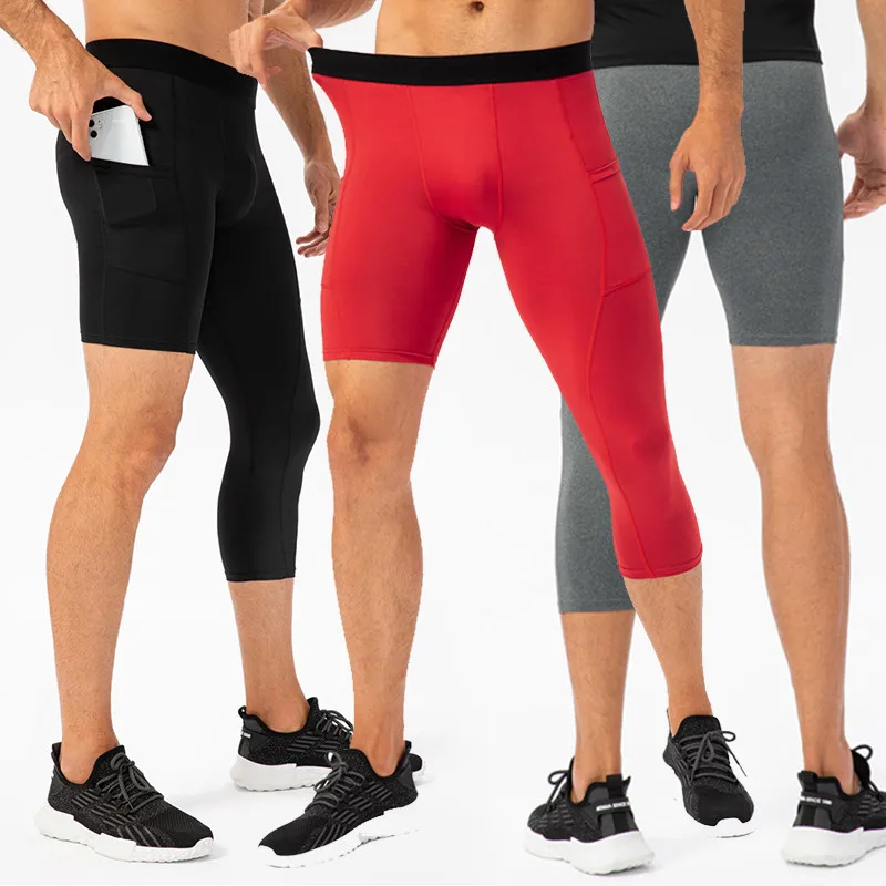 Männer Laufhose GYM 3/4 Hosen Männlichen Basketball Fußball Fußball Fitness Sport tasche Cropped Einem Bein Leggings