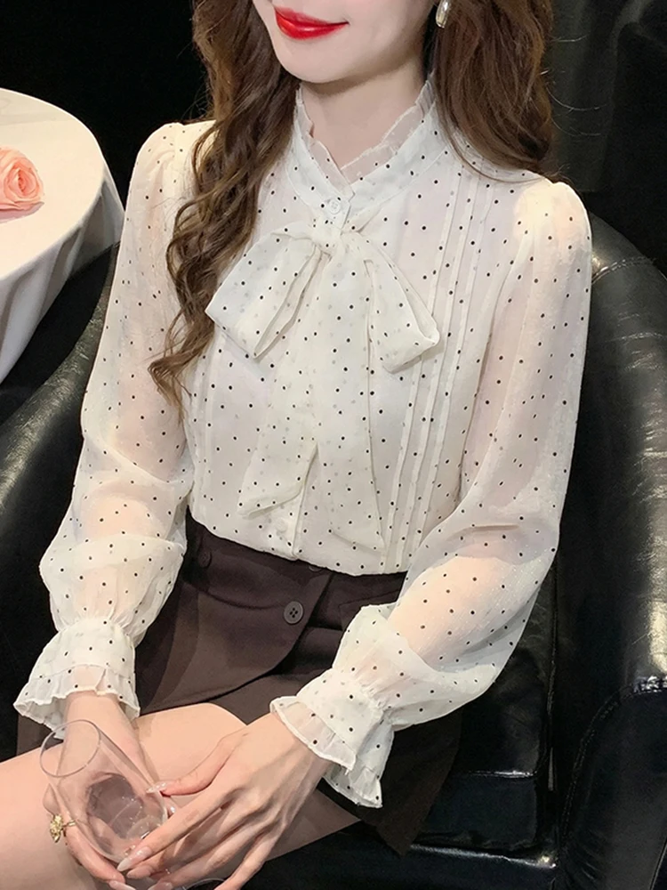 

Ele Long Sve Polka Dot Knot irt Women's Spring Faionable Chiffon Top Bell Sve Open Cardigan Sle