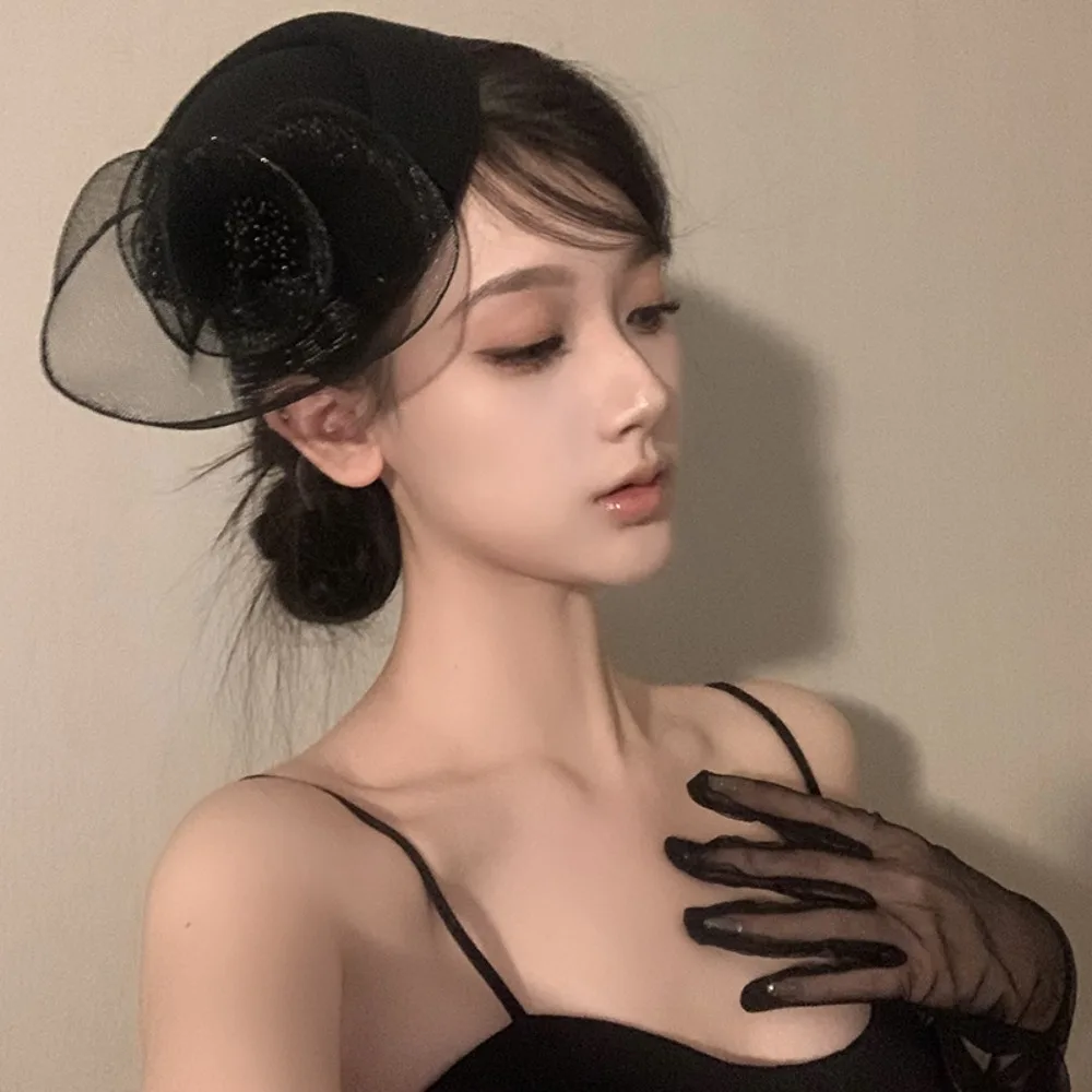 

Vintage Flower Feathers Fascinator Hat Sweet Hairpin Veil Hat Headwear Elegant Exquisite Funeral Headdress Headdress