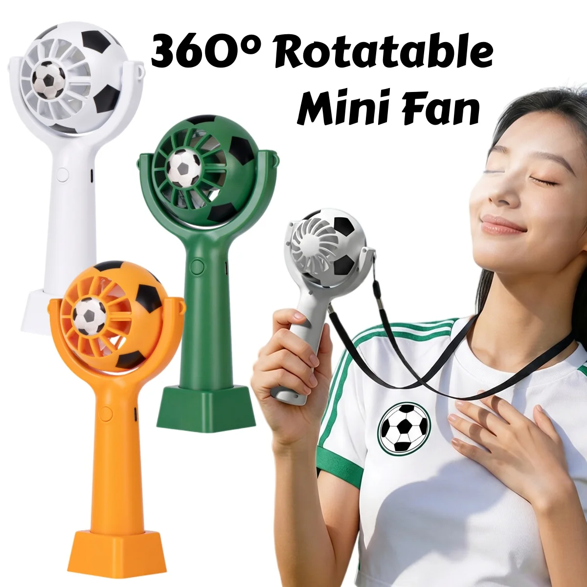 3-Speed Portable Mini Fan USB Rechargeable Handheld Fan with Base & Rope Football Design Pocket Fan for Home Outdoor Travel Cool