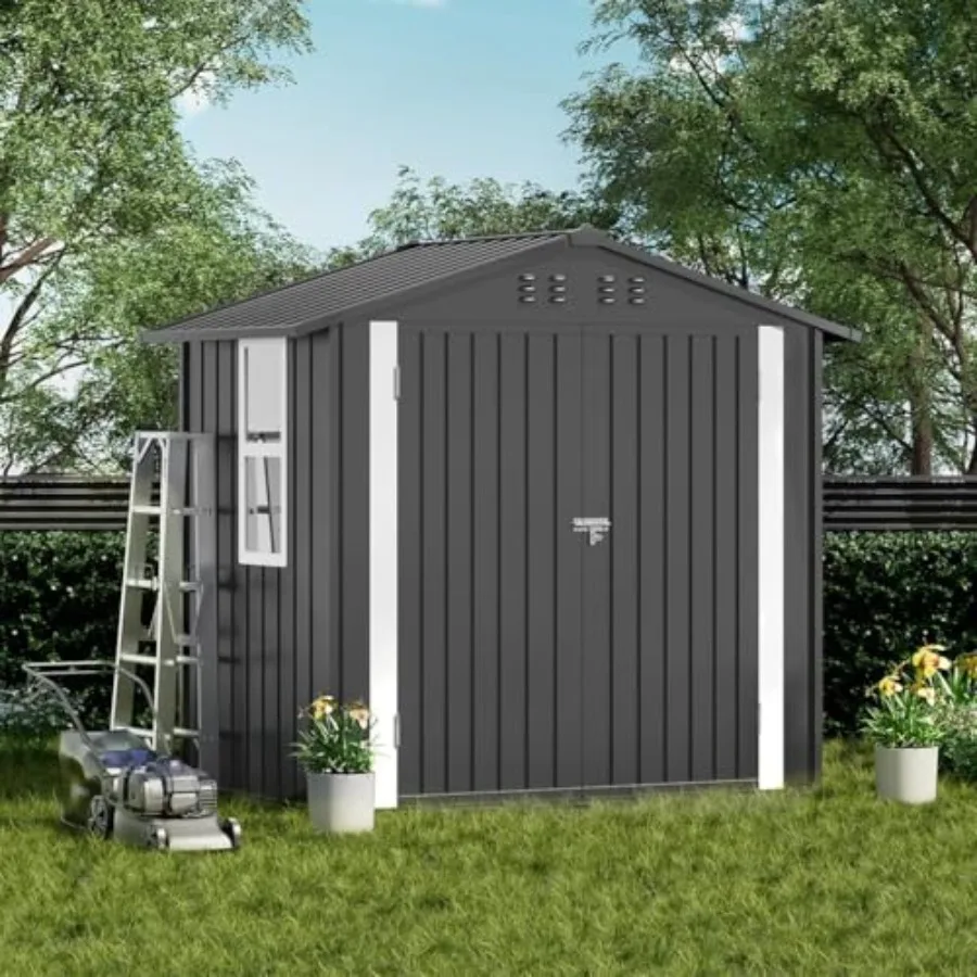 Shed Storage Outdoor Metal Windowed Lockable Garden Toolhouse Weatherproof Ventilated Backyard Utility Workshop Grey, 6'x4' - view 3