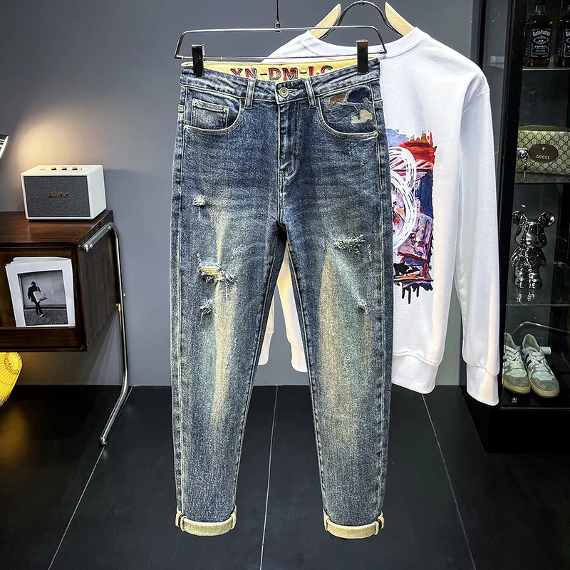 Men's Ripped Jeans 2024 New Autumn and Winter Denim Men's Fashion Wear Retro High-End Embroidery Slim-Fit Pants