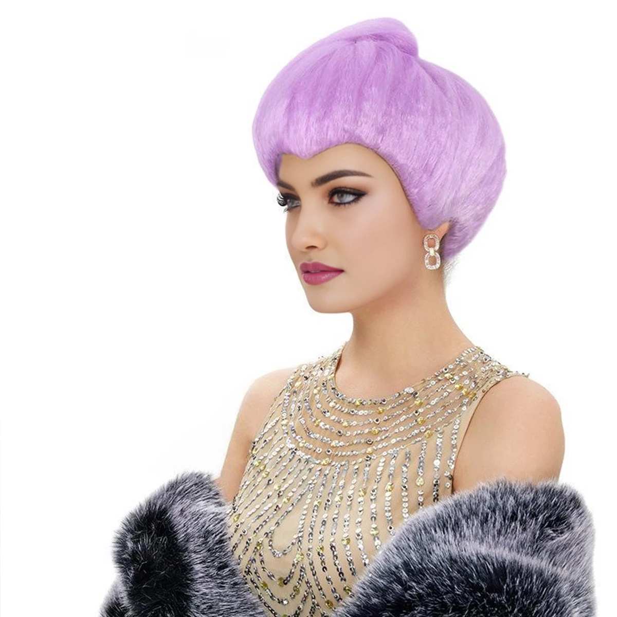 Light Purple Fluffy Round Top Bun Back Knot Wig Smooth Silky Glossy Neat Bangs Vintage Retro Fashion Synthetic Wig image 3