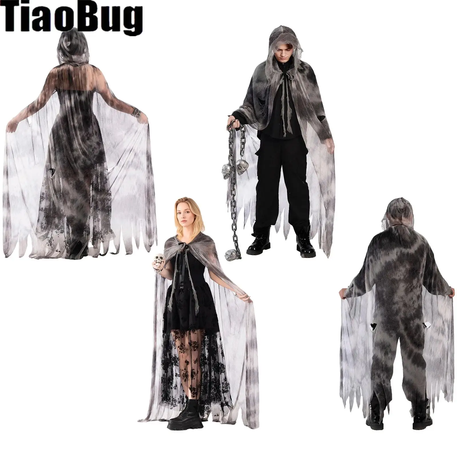 Men Women Hood Cloak with Exaggerated Ripped Mesh Lace-up Cape for Halloween Cosplay Theme Party Masquerade
