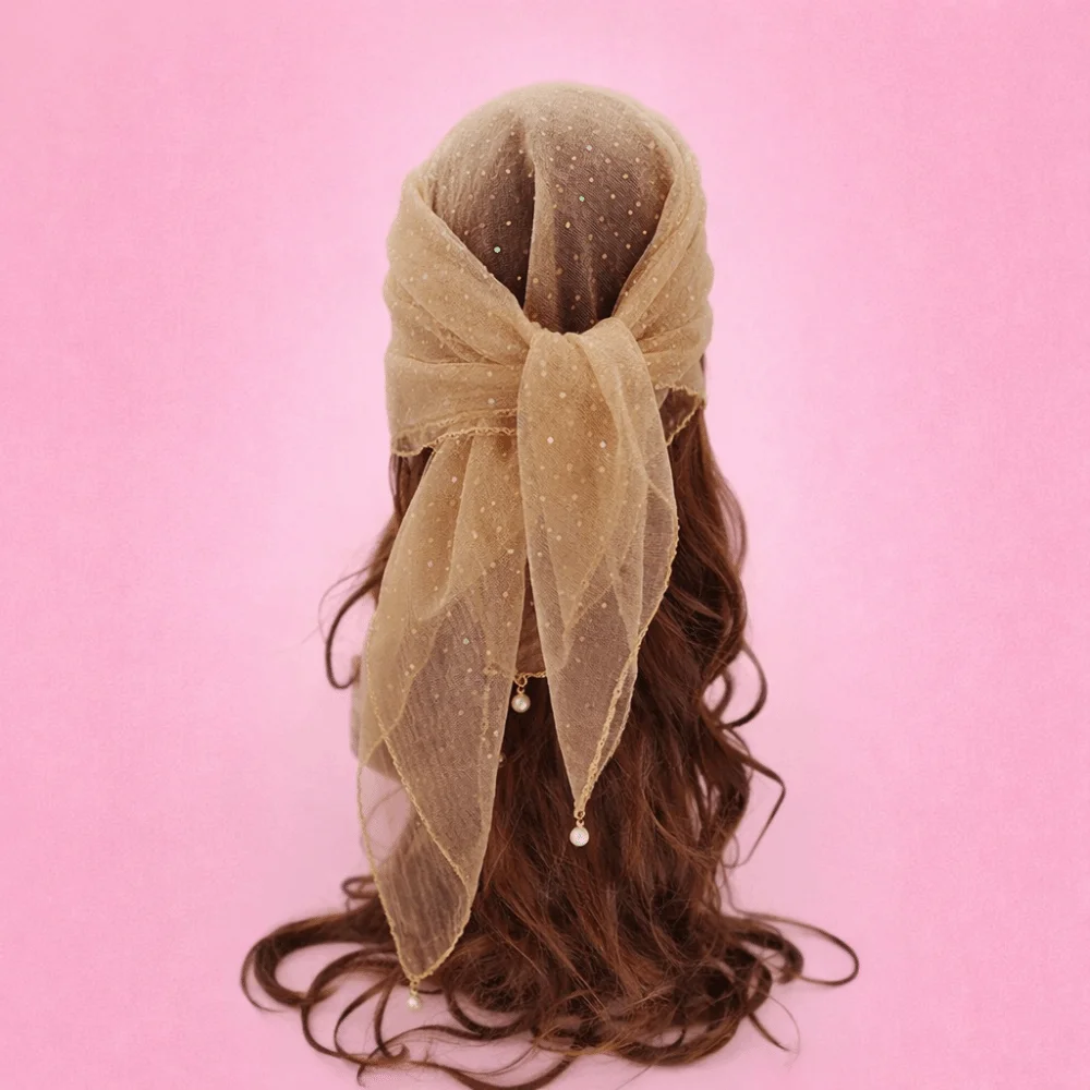 

Pearl Tassel Rhinestone Square Scarf Hair Wrap Lace Trim Full Sky Star Headwrap Solid Color Breathable Fabric