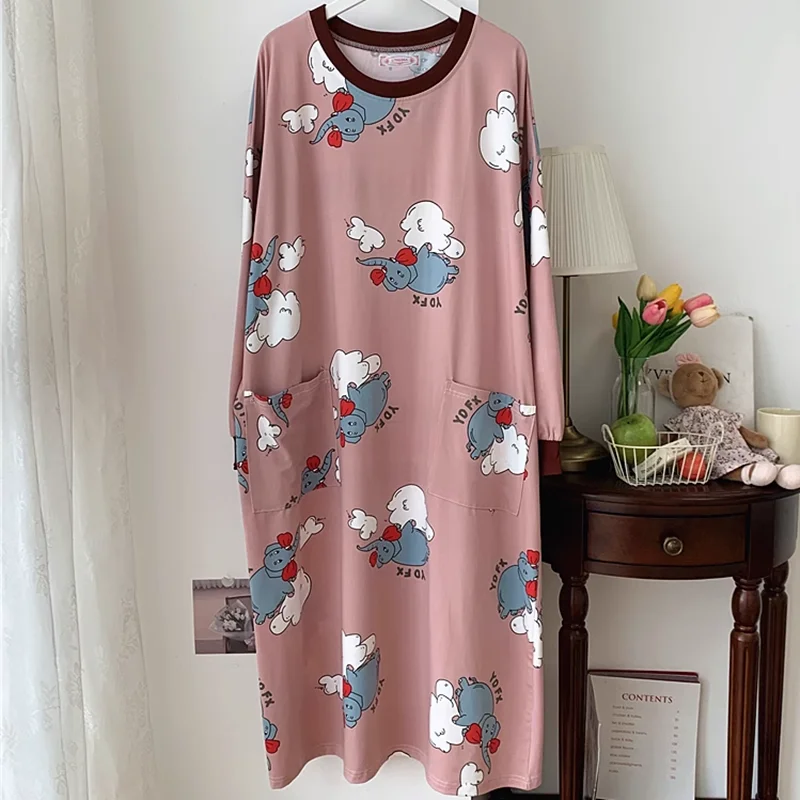 Autumn Nightdresses Women Sleepwear Long Sleeve Nightgown Cotton Animation Robe Loose Ladies Pajamas Women's Nightdress M-6XL