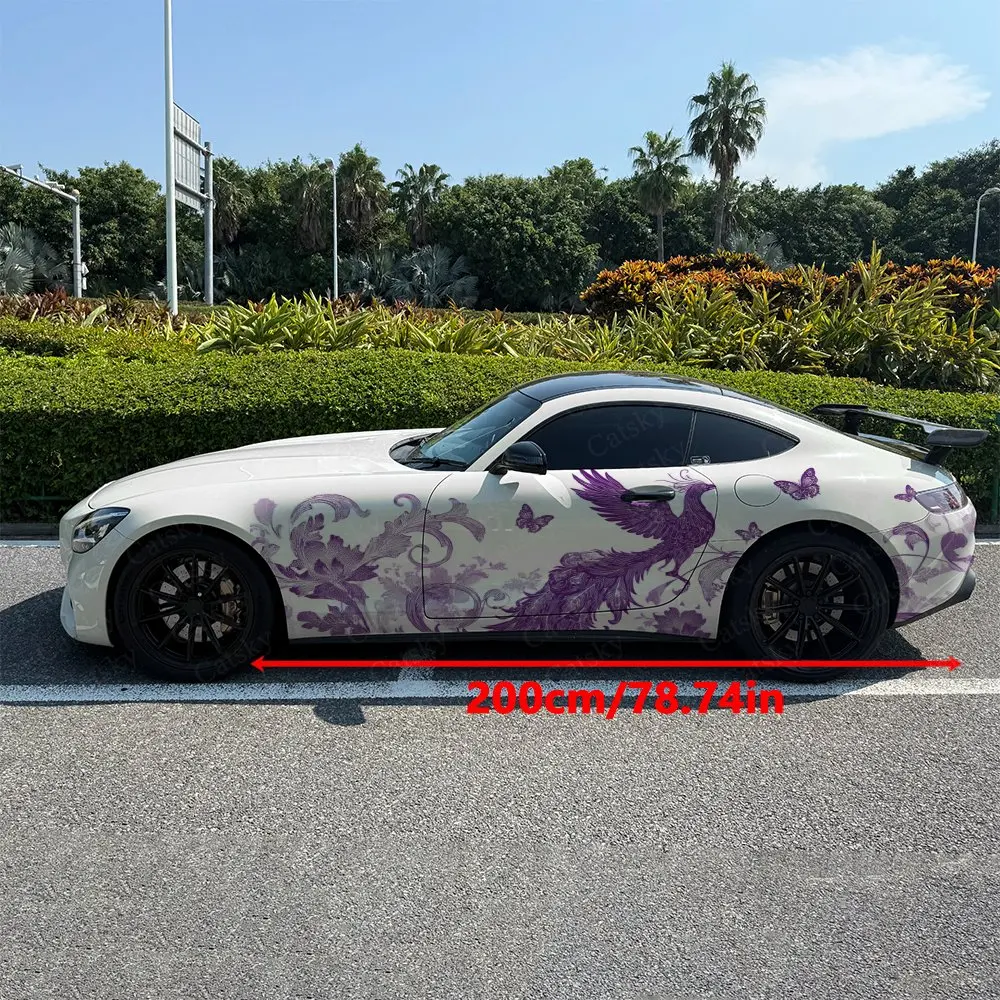 2pcs Vintage Floral Purple Phoenix Car Side Wraps, Self-Adhesive PVC Waterproof & Scratch-Resistant Stickers, Car Accessory Gift
