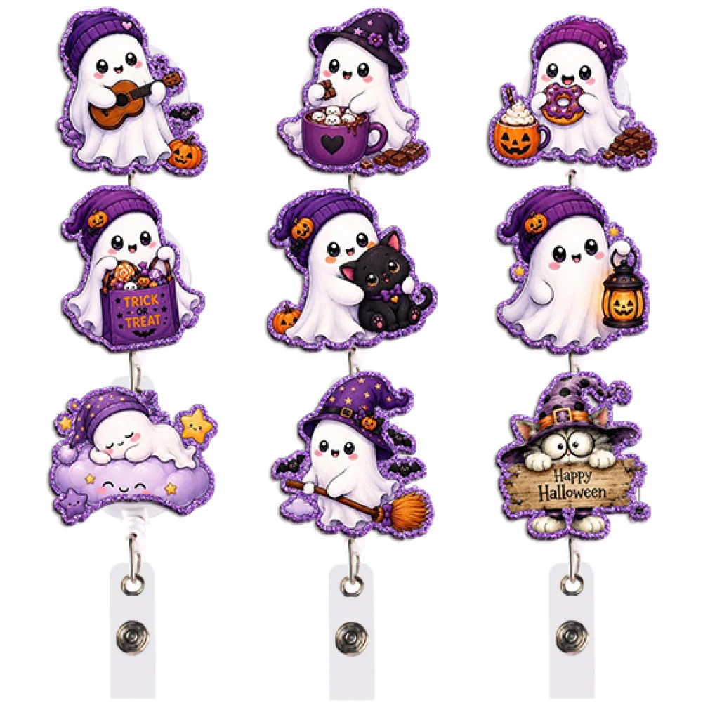 Kawaii Ghost Badge Reel Retractable ID Holder Witch Hat Pumpkin Candy Black Cat Gift for Teacher Office Work Party Crew