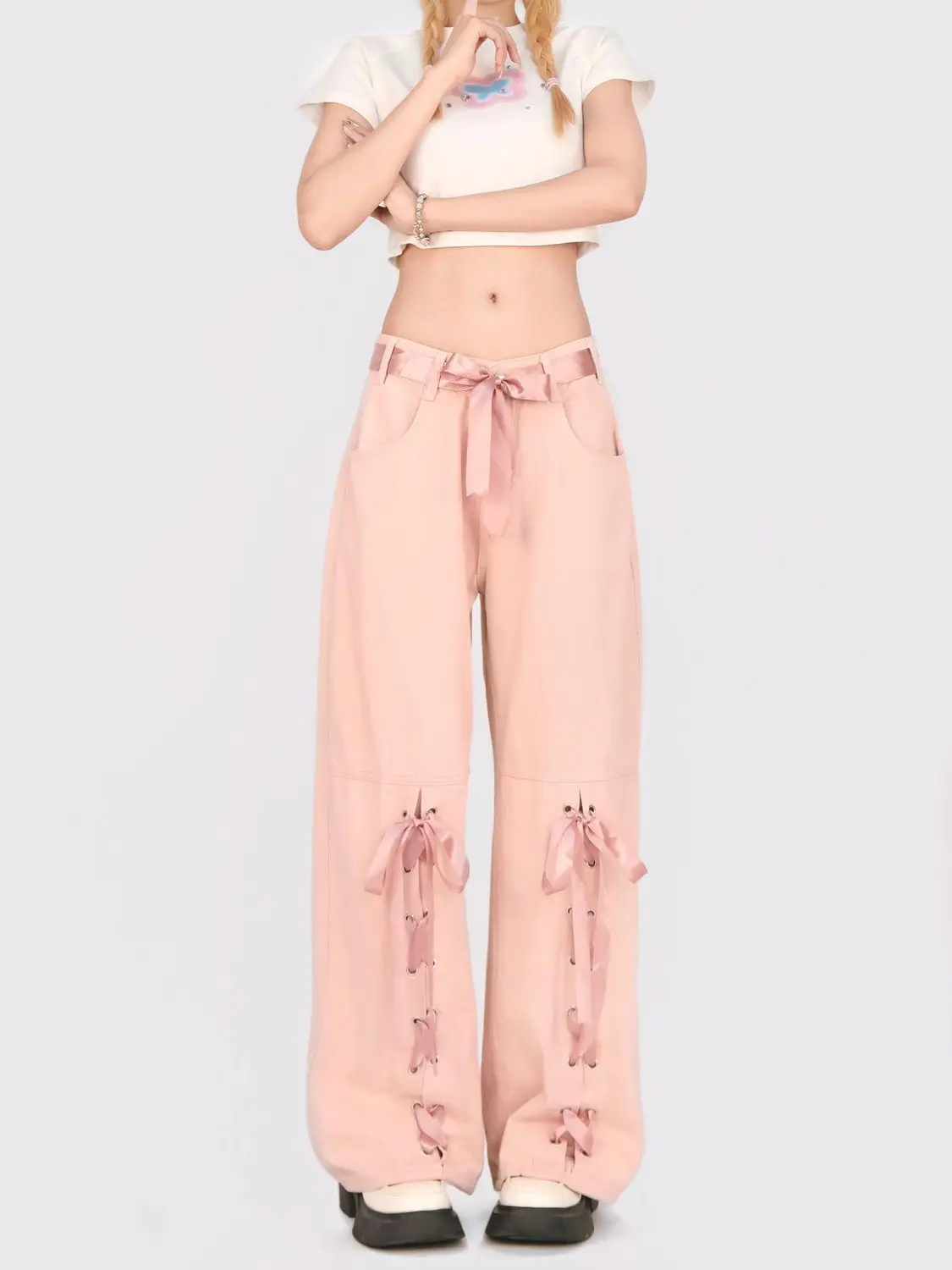 الشارع الشهير الدانتيل يصل الحلو الوردي الدوبامين Y2k الجينز النساء فضفاض Harajuku 90s الجمالية سراويل جينز خمر بنطال ذو قصة أرجل واسعة