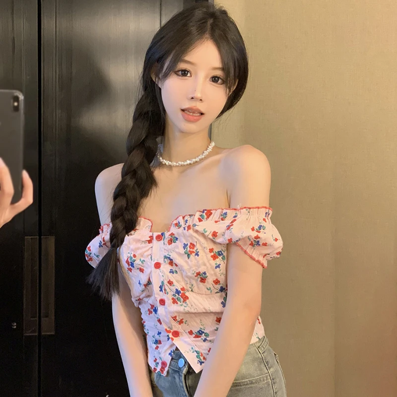 

Women's T-Shirt Summer V Neck Single Breasted Puff Short Sleeve Fashion Blouse Top