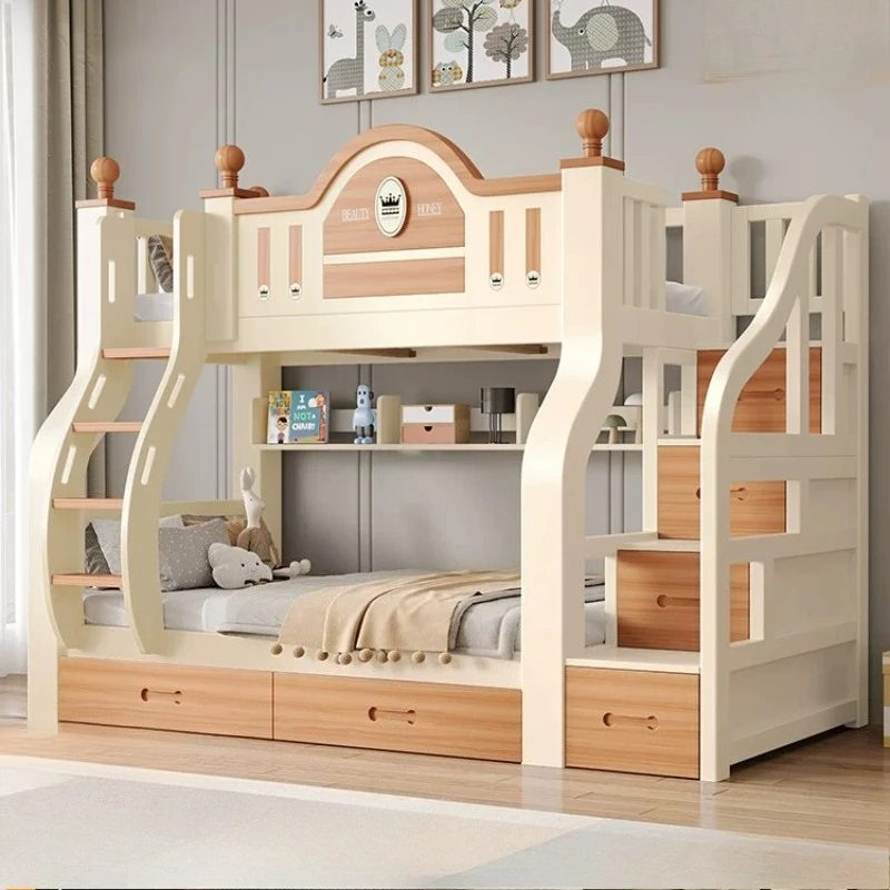 Holz-Etagenbett für Kinder, Twin-Size, mit Stauraum-Schubladen, Einzelbett, Hochbett für 2 Personen, Sicherheitsgeländer, luxuriöse Wohnmöbel