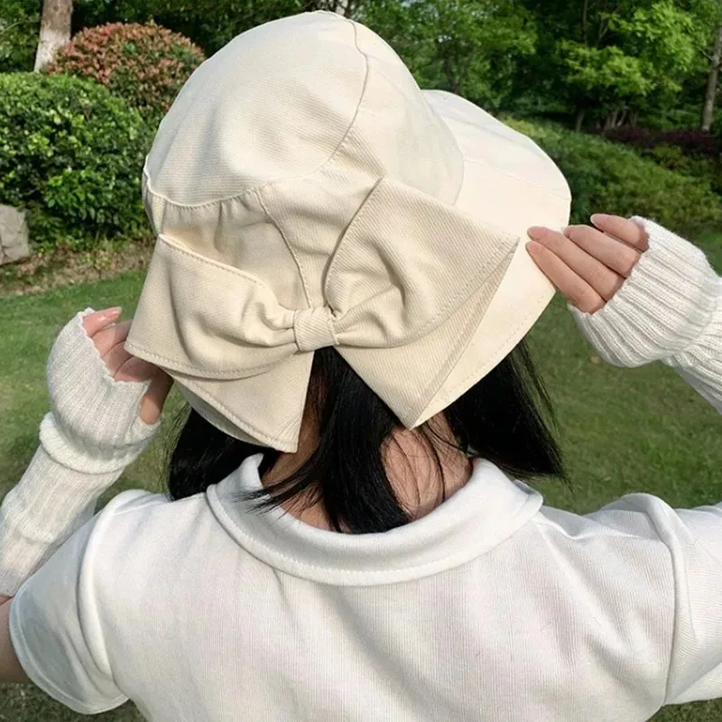 Korean Spring Summer Big Bow Bucket Hat Outdoor Travel Beach UV Protection Fisherman Hat Sweet Solid Foldable Wide Brim Caps