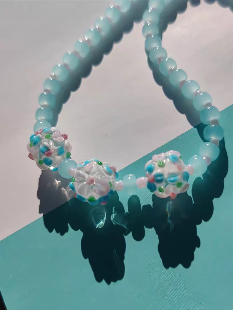 New Vintage Handmade Murano Lampwork Glass Little Blue Flower Ball With Beads Chain Necklace Jewelry