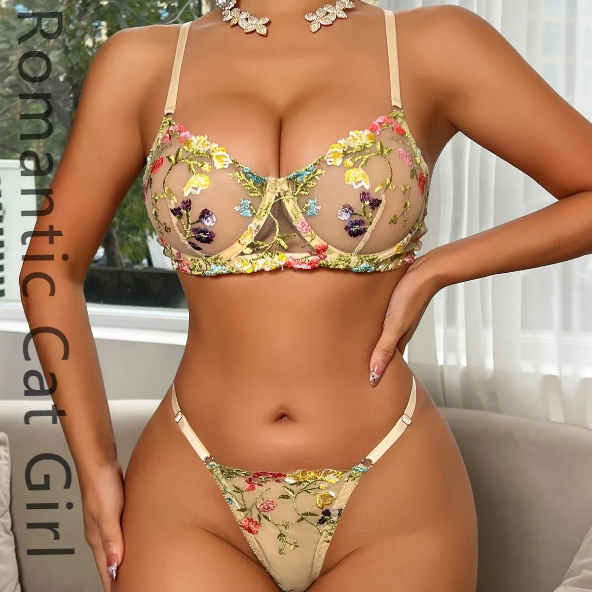

2025 new sexy small floral single-layer bra with steel rim, thong, erotic underwear set, factory direct sales