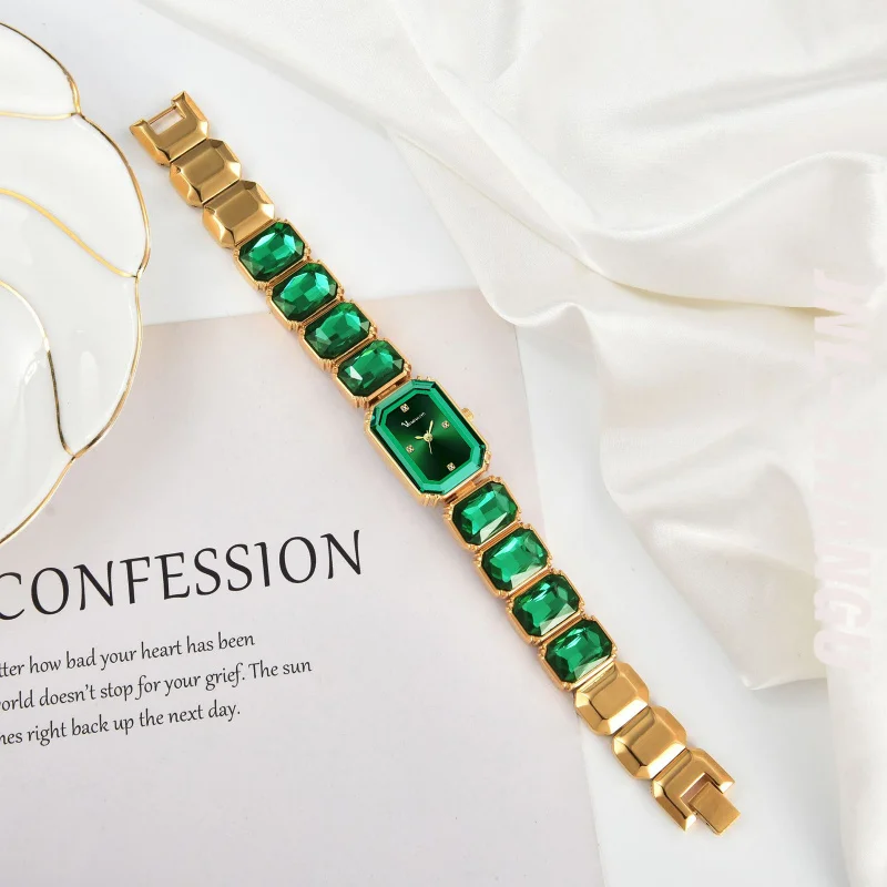 Elegant Stylish Green Square Dial Quartz Ladies Watch Cross-Border Fashion Stainless Steel Band Alloy Case Wrist Watch for Women